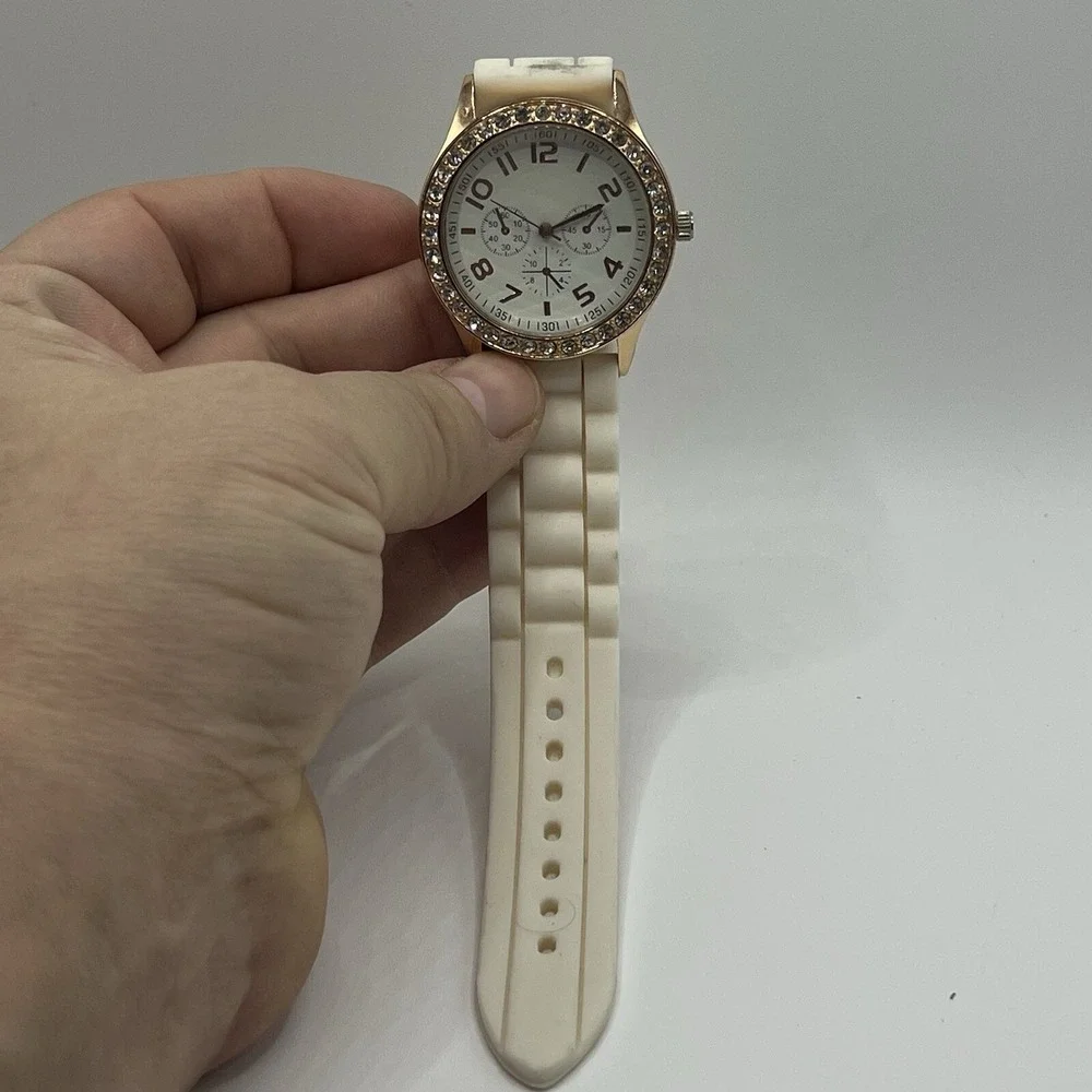 Ladies Trendy Round Rose Gold Tone Bezel‎ White Dial Poly Band Analog Watch J6
